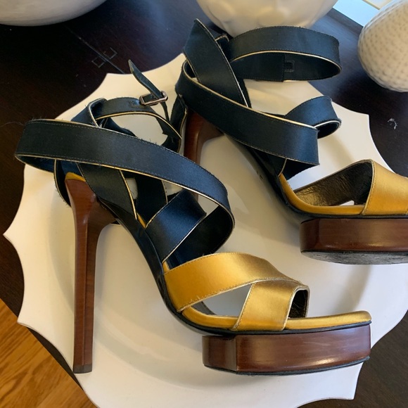 Lanvin Shoes - Lanvin gold and black satin platform sandal.